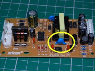 PSU board, Y1 capacitor highlighted